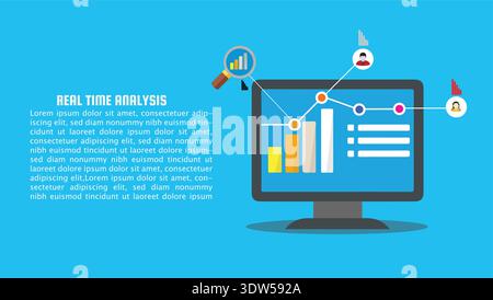 Real Time Data Analysis Dashboard on Computer Monitor With Charts and User Connections Stock Vector