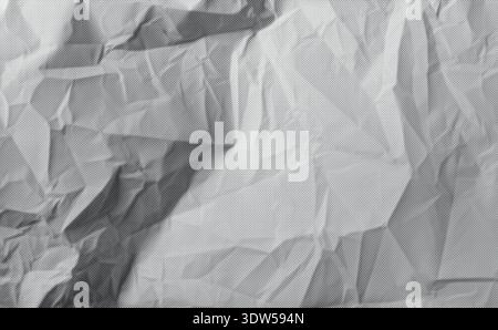 Gray crumpled paper texture fills full frame composition. Creased sheet displays sharp folds and layered structure. Minimal abstract background for mo Stock Photo