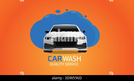 Car Wash Quality Service Logo With White Sedan Front View And Blue Soap Bubble On Orange Background Stock Vector
