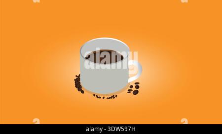 Coffee Cup With Coffee Beans On Orange Background Hot Black Coffee Mug Illustration For Morning Break Stock Vector