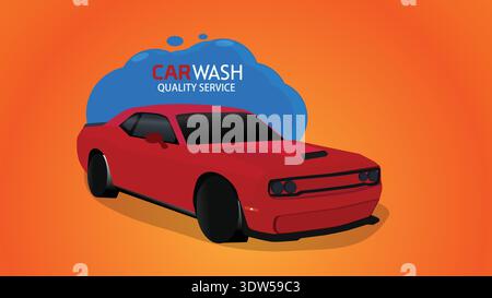 Car Wash Advertisement Featuring Red Muscle Car and Quality Service Illustration for Auto Detailing Stock Vector