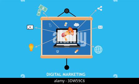 Digital Marketing Concept Illustration With Laptop Megaphone Icons Representing Online Advertising And Social Media Strategy Stock Vector