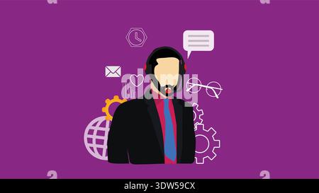 Business Customer Service Support Agent With Headset and Communication Icons on Purple Background. Stock Vector
