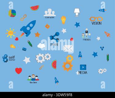 Social Media Startup Icons With Share, Teamwork and Creative Business Symbols On Blue Background Stock Vector