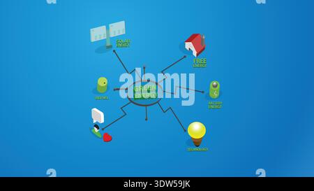Colorful infographic illustrating green energy connections: solar panels, wind, battery storage, efficient home and lightbulb icons on blue background Stock Vector