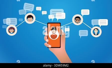 Smartphone Social Network Concept With Messaging Avatars Connecting People Through Mobile Communication Stock Vector