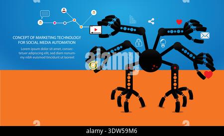 Social Media Marketing Automation Concept With Mlti-Arm Robot Spider Handling Digital Content And Engagement Stock Vector