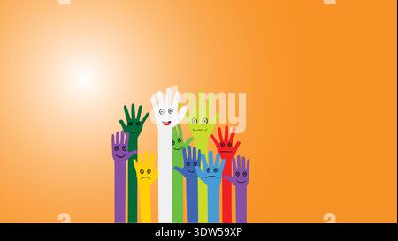 Colorful hands with facial expressions showing diversity and unity Stock Vector