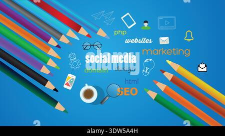 A set of colored pencils is arranged on a blue background. Words and icons related to digital marketing surround the pencils, showing key concepts. Stock Vector