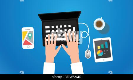 A person types on a laptop with hands visible. A smartphone and tablet sit on the table. A cup of coffee is present. The setup is on a blue surface Stock Vector