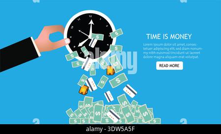 A hand holds a clock while dollar bills fall out of it. The background is blue, and the bills are scattered around. Stock Vector
