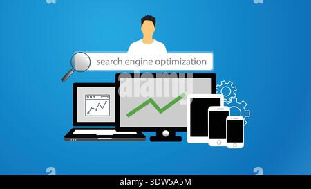A person explores search engine optimization using various devices. A laptop shows a graph rising, while a phone and tablet display SEO-related data. Stock Vector
