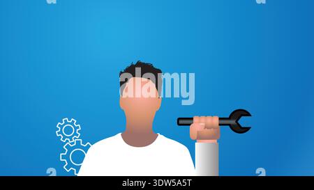 A person is holding a wrench in one hand with gears illustrated in the background. The scene shows a focus on tools and machinery work. Stock Vector