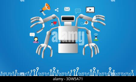 A robot has multiple arms that reach out to icons showing social media, messages, graphs, and people. The background is blue, emphasizing a connection Stock Vector