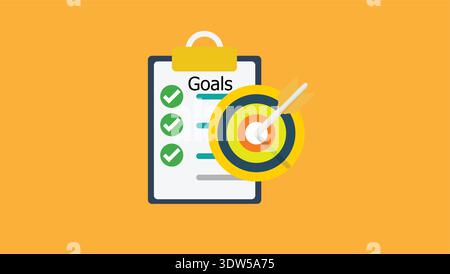 A clipboard with the word goals is shown. There are check marks next to tasks completed. A bullseye icon is present, indicating achievement Stock Vector