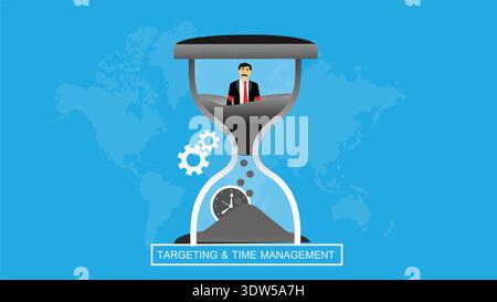 A person sits inside an hourglass with gears and a clock below, symbolizing the importance of time management and focus in achieving business goals Stock Vector