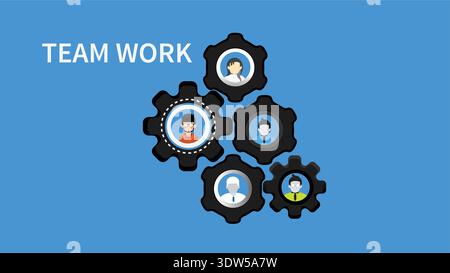 Teamwork Concept With Gears and Business Team Avatars on Blue Background Stock Vector