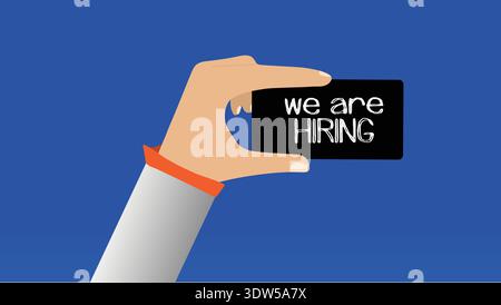 We Are Hiring Business Card Held by Hand on Blue Background — Recruitment Concept Stock Vector