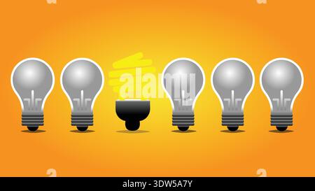Bright Energy-Saving Idea Standing Out Among Standard Light Bulbs Representing Innovation And Creativity Stock Vector