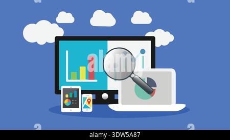 Business Data Analytics And Visualizations On Multiple Devices With Cloud Charts And Search Stock Vector