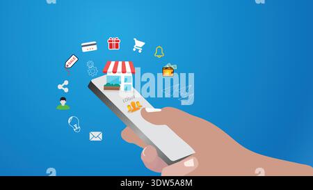 Online Shopping And Mobile Commerce Concept With Smartphone Storefront Icons In Hand Stock Vector