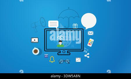 Digital Communication and Online Network Icons Around Desktop Computer for Business and Technology Stock Vector