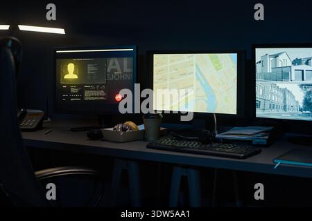Three computer monitors displaying digital map, surveillance footage, and user profile on dark desk with keyboard, telephone, takeaway coffee cup and pastry box in modern workspace Stock Photo