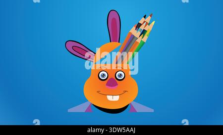 Colorful Cartoon Bunny With Pencils Sprouting From Head — Creative Art Concept For Education Stock Vector
