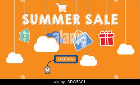 Summer Sale Banner With 50% Off Tag, Gift Icon and Shop Now Button on Orange Background Stock Vector