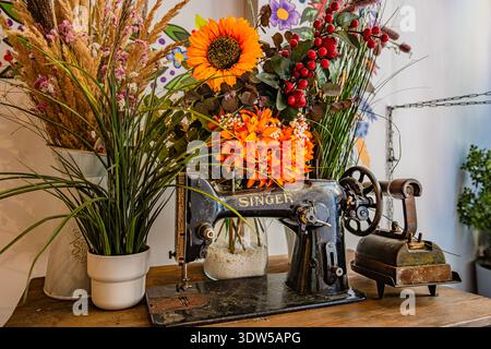 Vintage Singer sewing machine with flowers and antique iron on wooden table, Krakow, Poland Stock Photo