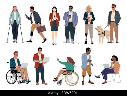 Set of diverse men and women with disabilities Stock Vector