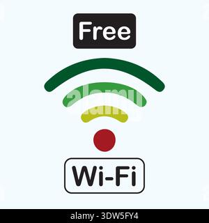 Free Wi-Fi symbol with signal waves icon representing wireless internet access, connectivity, hotspots, and digital communication. Stock Vector