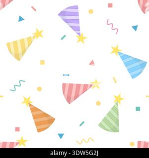 Festive seamless pattern featuring colorful striped party hats, confetti, and stars. Perfect for birthday wallpaper, gift wrap, and celebration backgr Stock Vector
