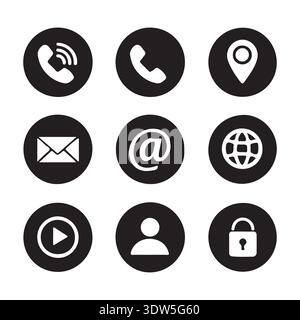 Essential communication and interface icons set including call, location, email, web, play, user, and security symbols. Stock Vector