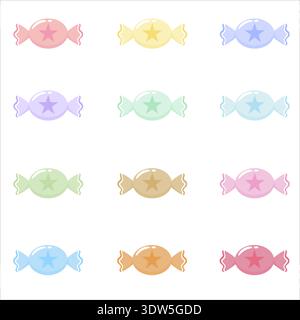 Set of cute pastel sweets and candies in various colors with star motifs. Ideal for stickers, children's party decorations, and sweet shop branding. I Stock Vector