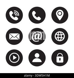 Set of black circular communication icons including phone, email, location, globe, user and lock symbols on light background. Stock Vector