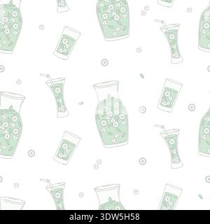 Seamless Pattern with Fresh Lime and Mint Summer Green Drinks in Glass Carafes on White Background. Refreshing Lemonade Minimalist Square template Stock Vector