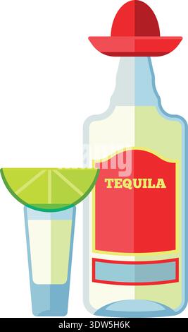 Tequila cartoon icon. Glass bottle with red label Stock Vector