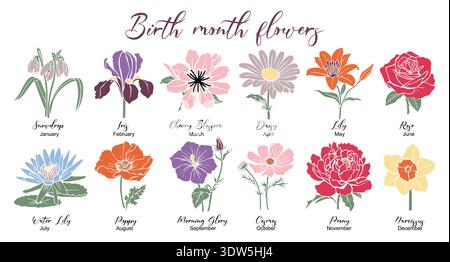 All 12 birth month flowers in flat, colorful style Stock Vector