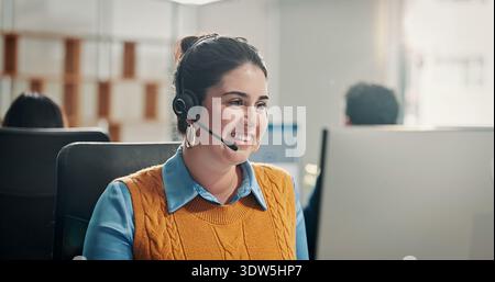 Call center, face or woman in office with headset, contact us or communication in customer service. Happy, telecom or consultant in agency with tech Stock Photo