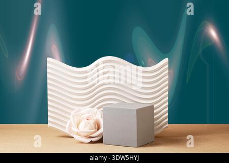 still life. Abstract 3D composition for advertising cosmetic products. gray cubic podium and a beautiful cream rose on a dark blue green background wi Stock Photo