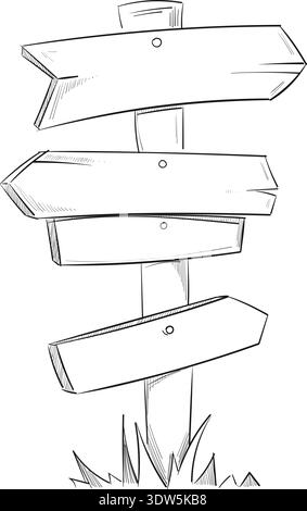 Direction sign post with wooden arrows boards drawing Stock Vector