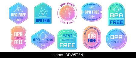 Bpa free guarantee gradient badge logo set. No bisphenol a and phthalates symbols for safety or healthy. Eco friendly product label design with water drop and leaves icons. Non toxic plastic stamps Stock Vector