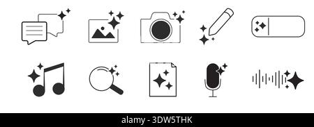 Ai generated audio or media icon set. Ai star sparkle symbol, creative artificial intelligence and machine learning technology concept. Generative AI. music generated, image generate, magic pencil. Vector illustration Stock Vector