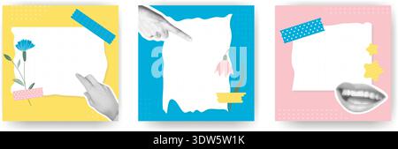 Set of collage mockups with space for text. Square templates with torn paper, hands and mouths halftone, flowers attached with stickers. Templates Stock Vector