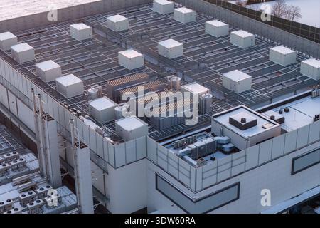 Data center rooftop showing extensive hvac and cooling systems vital for server operation, compute hubs, and cloud computing, Warszawa, Poland. Stock Photo