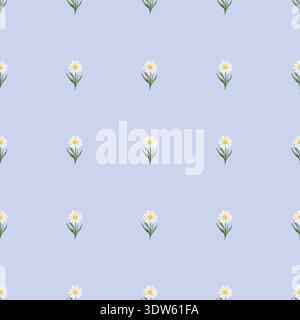 Seamless vector pattern with small daisy flowers, stems and leaves arranged in neat rows on light blue background. Spring floral design for textile and print. Stock Vector