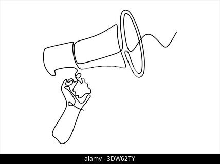 Hand holding megaphone one line drawing, minimal protest announcement outline vector illustration Stock Vector