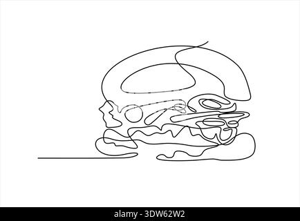 A single continuous one line drawing of a delicious burger, continuous line of burgers. line drawing of stuffed burger isolated. one line Icon drawing Stock Vector