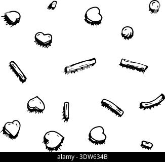 Black and white line art illustration of scattered candy, hearts and sweet elements. Hand drawn dessert icons in ink style for seamless patterns Stock Vector